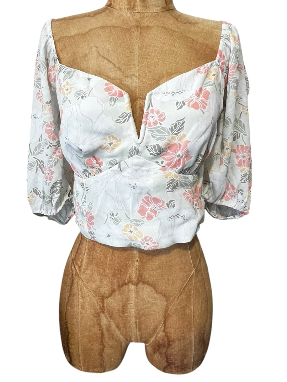 Abercrombie & Fitch Mint Green Floral V-Notch Puff Sleeve Crop Top NWT S